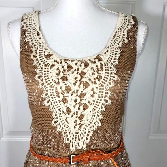 A'reve Striped Sleeveless Maxi Sundress Dress Brown Cream Crocheted Front - Picture 4 of 16